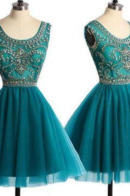 Beaded A-line Tulle Short Homecoming Dress With Scoop Neck Teal Homecoming Dresses