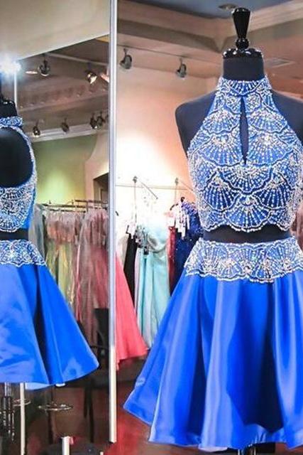 Two Piece Halter Prom Dress,elegant Short Homecoming Dress,beaded Prom Gown