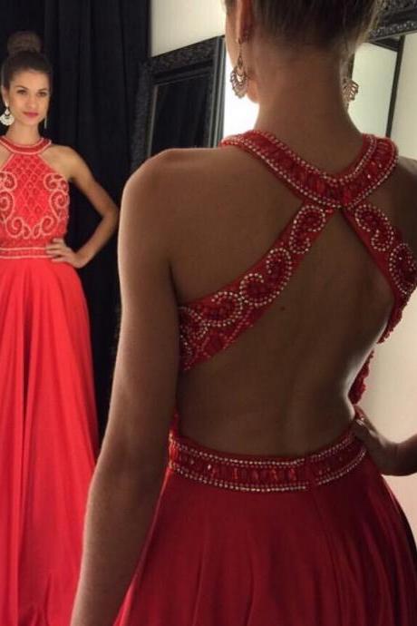 Red Sexy Prom Dress,chiffon Backless Prom Dress,halter Prom Party Dress