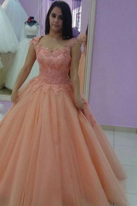 Tulle Ball Gown Prom Dresses,appliques Quinceanera Prom Dress,long Evening Dress