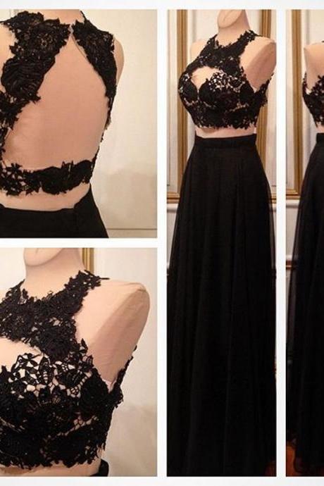 Sexy Two Piece Black Prom Dresses,sleeveless Lace Top Prom Dress,long Evening Dress,open Back Formal Dress