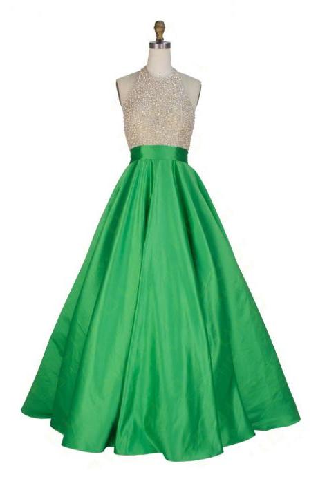 Sexy Prom Dress,green Evening Dress,halter Prom Gowns,beads Crystals Prom Party Dresses,backless Formal Dresses,custom Made Floor Length Prom