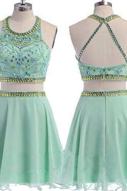 Homecoming Dress,cute Mint Green Two Piece Prom Dresses ,a-line Chiffon Halter Prom Dresses, Sleeveless Backless Beaded Short Prom Dresses