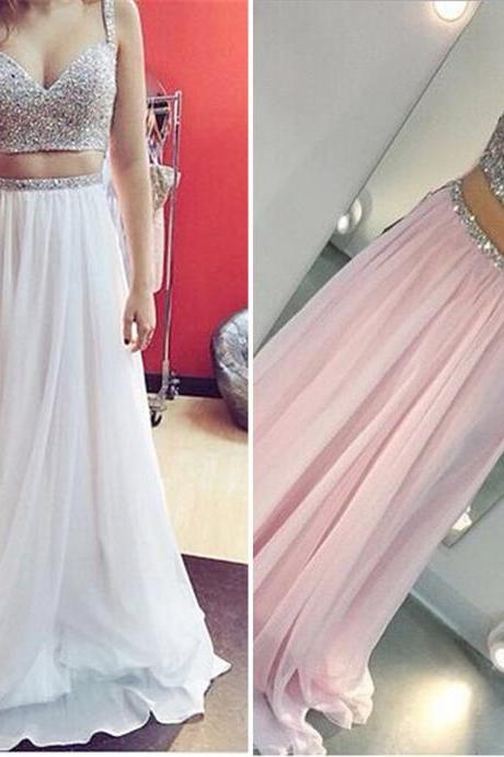 Pink Sweetheart Sexy Prom Dresses,beaded 2 Pieces Prom Dress, A-line Floor-length Party Dress