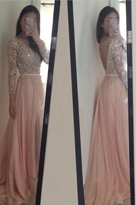 A-line Evening Dresses Scoop Long Sleeve Backless Sweep Train Chiffon Beading Prom Dresses Sequins Long Party Dress