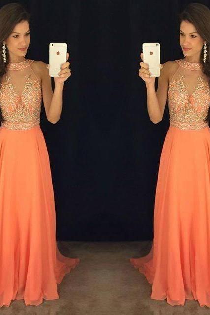 High Neck Prom Dresses Long Crystal Beading Evening Dresses Chiffon With Stones Long Party Gowns
