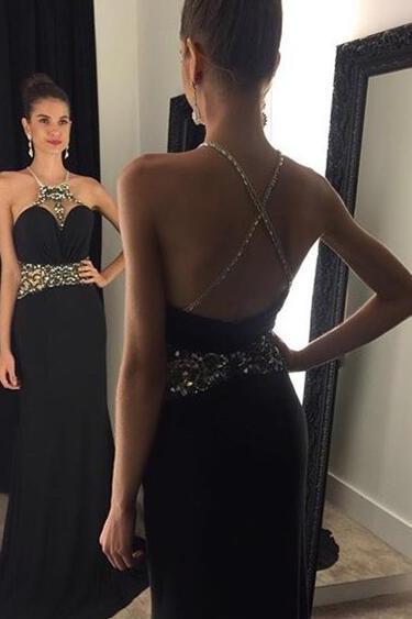 Prom Dresses Halter Sleeveless Criss-cross Sweep Train Chiffon And Crystal Black Party Dresses Sexy Formal Dress