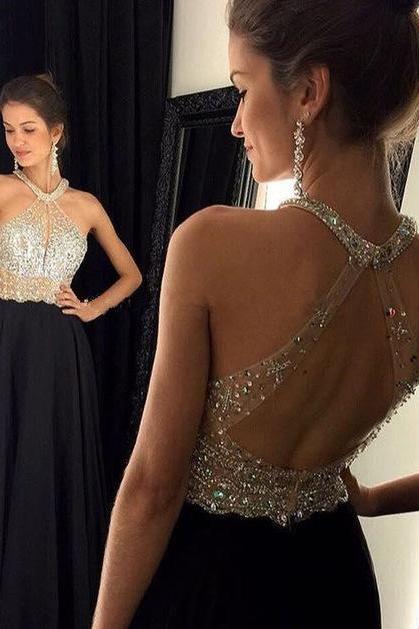 Long Prom Dresses 2017 Halter Sleeveless Backless Sweep Train Chiffon With Crystal A-line Evening Dresses