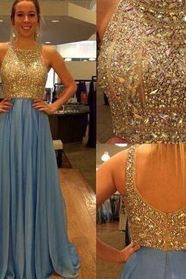 A-line Prom Dresses ,scoop Sleeveless Backless Sweep Train Crystal With Chiffon Long Formal Gown Party Evening Dresses