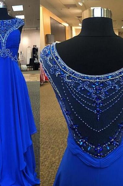 Royal Blue Evening Dresses, Scoop Sleeveless Sweep Train Chiffon Crystal Beading A-line Formal Dresses Party Gown