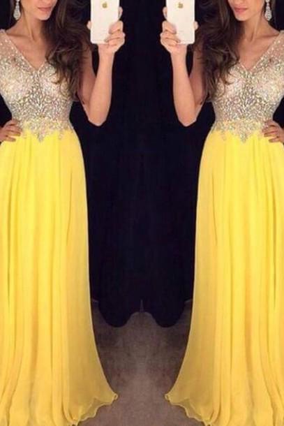 Prom Dress,yellow Chiffon Prom Dress,v Neck Formal Evening Dress,sexy Evening Dress