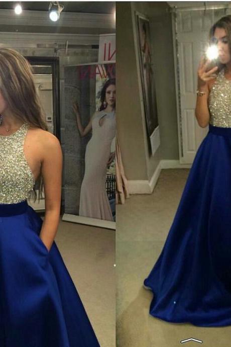 Prom Dress,royal Blue Halter Prom Dress,long Backless Prom Party Dress,formal Evening Dress