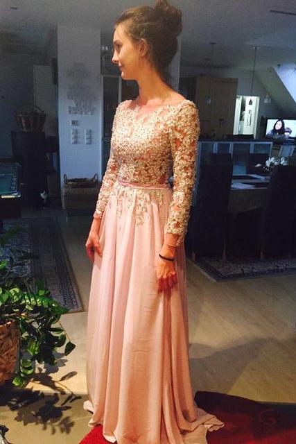 Prom Dress,prom Dresses Scoop Full Sleeve Backless Sweep Train Chiffon With Applique Evening Dresses Sexy Party Gowns