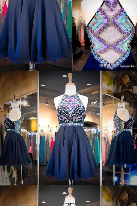 Charming Homecoming Dress,luxury Crystal Prom Dress,short Halter Prom Party Dress