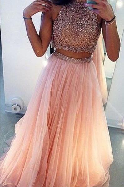 Prom Dress,prom Dresses,two Piece Tulle Halter Prom Dress,elegant Homecoming Dress,sexy Evening Dress
