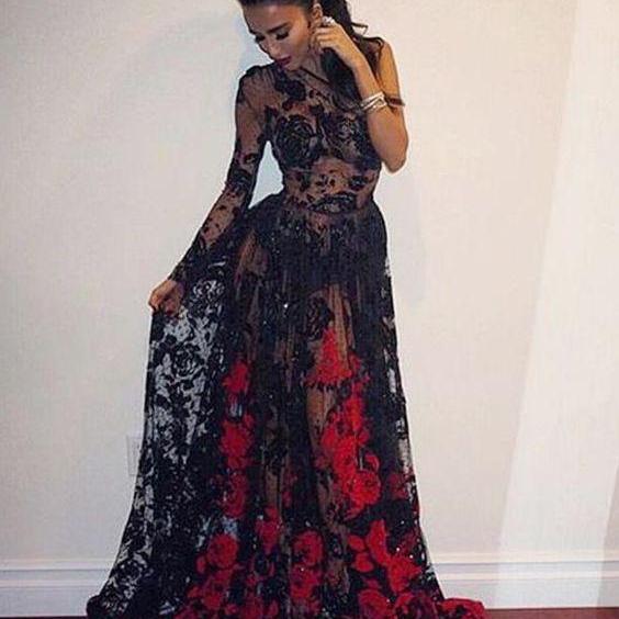 Sheer Black Lace One Shoulder Sweep Train Prom Dress With Appliques ...