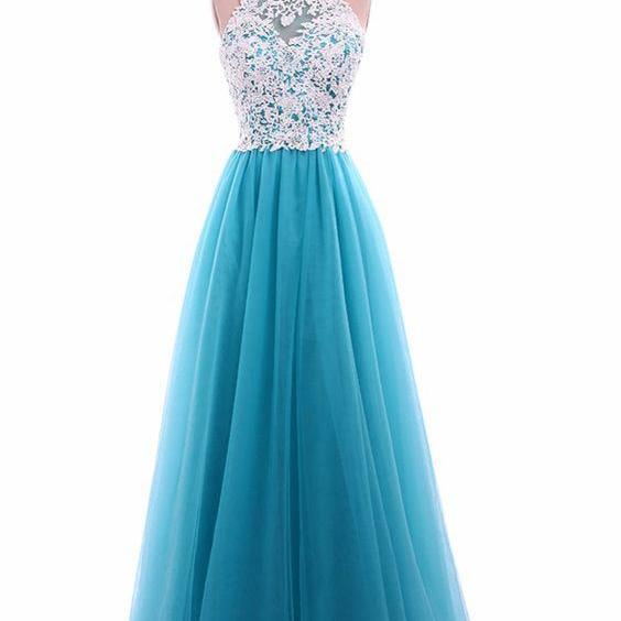 White Lace Long A-line Senior Blue Prom Dress M0471 on Luulla