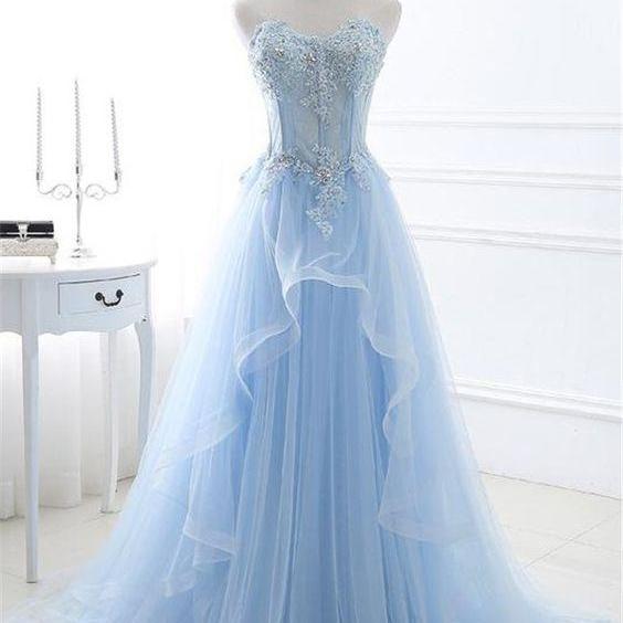 Sweetheart Blue Satin Corset Prom Dress with Ruffled Train main image 1