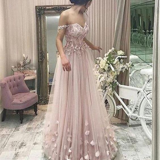 Elegant V-neck Tulle Floor Length Empire Prom Dresses Off Shoulder With ...