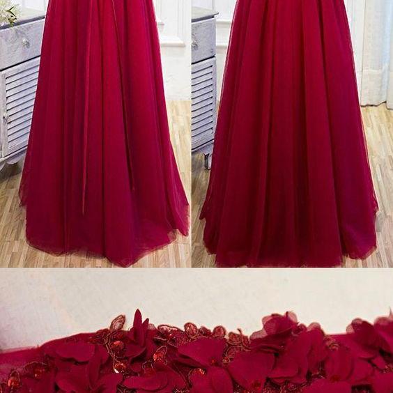 Off-the-Shoulder Prom Dresses, Burgundy Long Prom Dresses, Prom Dresses Burgundy Hand-Made Flower Prom Dress/Evening Dress M1243