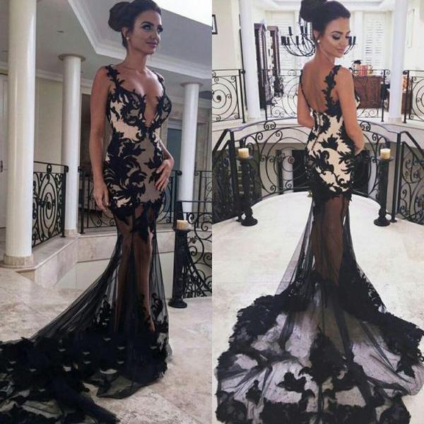 Black Seen Through Sexy Spaghetti Strap Lace Mermaid Long Prom Dresses