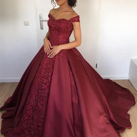Ball Gown Off Shoulder Burgundy Satin Beaded Quinceanera Dress With ...