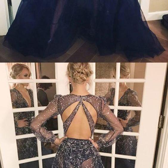 Amazing Long Sleeves High Neck Keyhole Prom Dresss Mermaid With Beads,F04844 main image 1