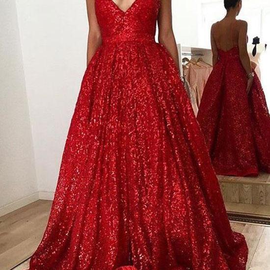 Red Sequins V Neck Long Prom Dress Red Evening Dress M2057 On Luulla 