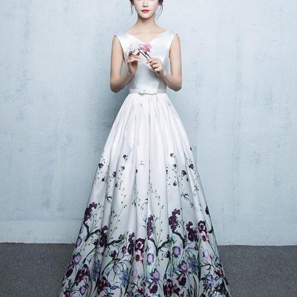 White Floral Pattern Long Prom Dress, White Evening Dress M2440 on Luulla
