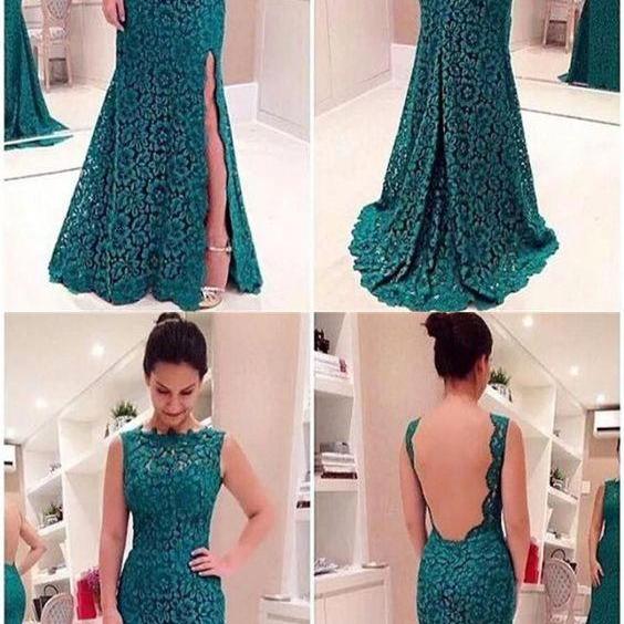 Memaid Lace Dresses with Sweep Train Dark Green