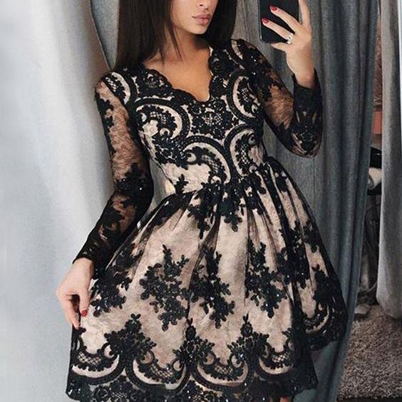 A-line V-neck Long Sleeves Above-knee Black Homecoming Dress With ...