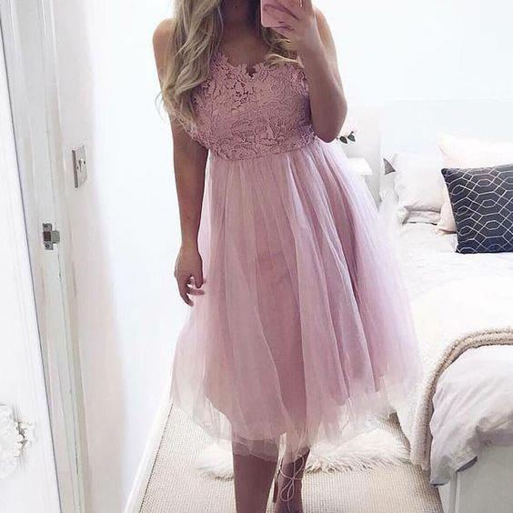A Line V Neck Pink Tulle Homecoming Dress LBQH0167