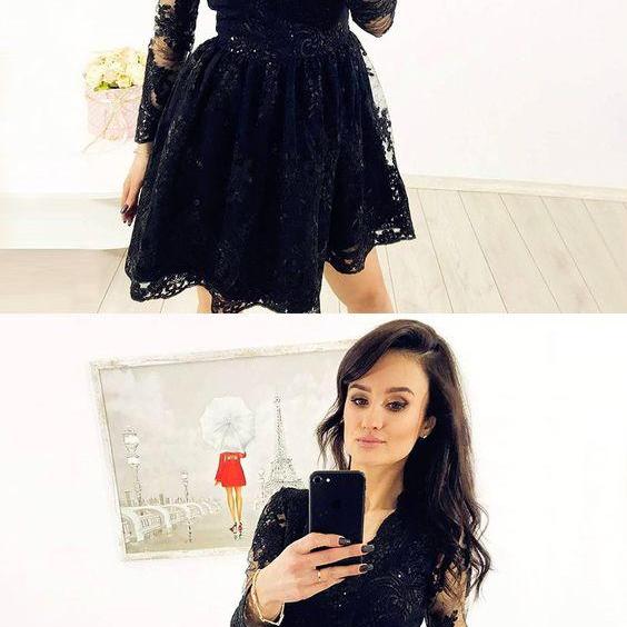 A Line V Neck Long Sleeves Black Lace Champagne Homecoming Dresses LBQH0141 main image 1