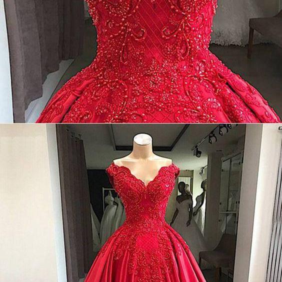 Luxurious Two Piece Red Satin Off the Shoulder Open Back Prom Dress with Beading LBQ0038