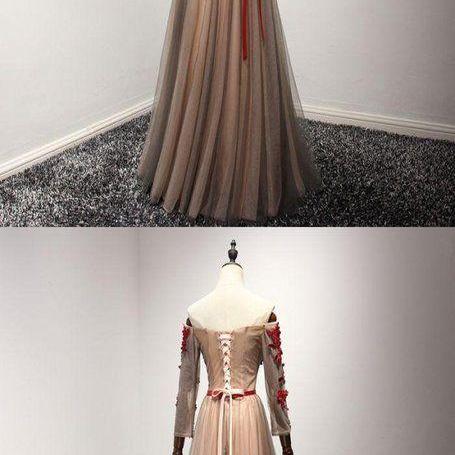 A Line Off Shoulder Tulle Appliques Prom Dresses with Slit LBQ3738 main image 1
