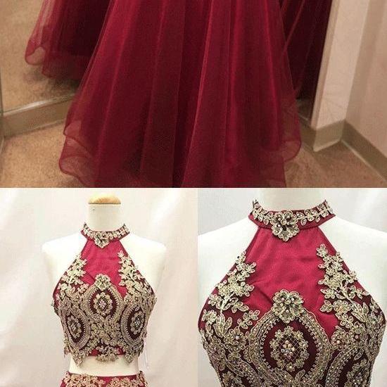 Two Piece Prom Dresses A Line High Neck Sexy Gold Applique Long ...