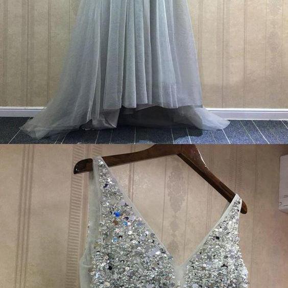 See Through A-Line V-Neck 3/4 Sleeves Tulle Long Prom Dresses With Beading,SFPD0018