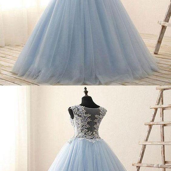 A-line Lace Appliqued Dress with Trailing Sky Blue