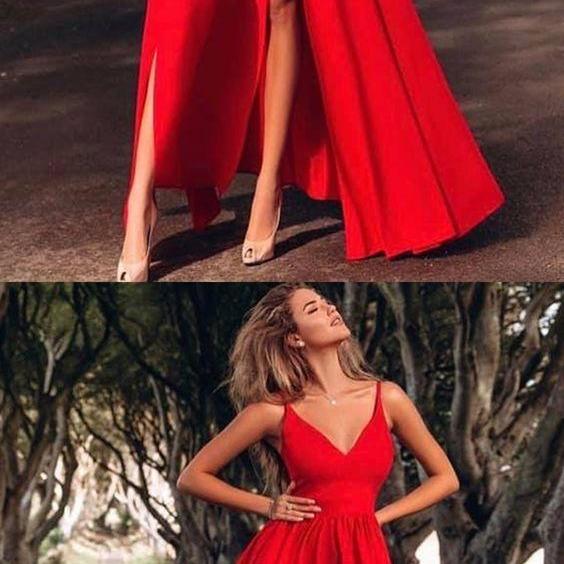 Floor-length Metallic A-Line Dress with V-neck Red