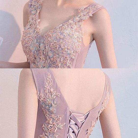 V Neck Light Pink Tulle Lace Prom Dresses, Light Pink Tulle Lace Formal Evening Dresses main image 1