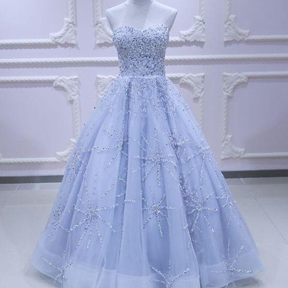 Sweetheart neck light blue tulle sequins long evening dress, long prom dress M8535