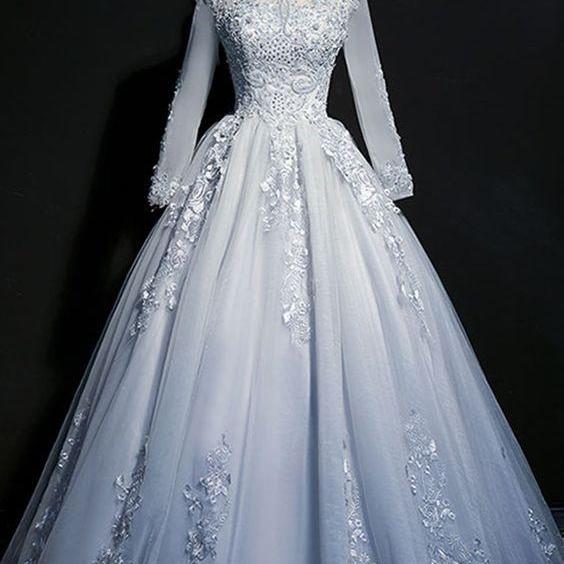 Unique Light Blue Tulle Long Lace Applique Senior Prom Dress, Evening ...