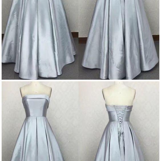 Strapless Silver Satin Prom Dress with Slit LBQ2349