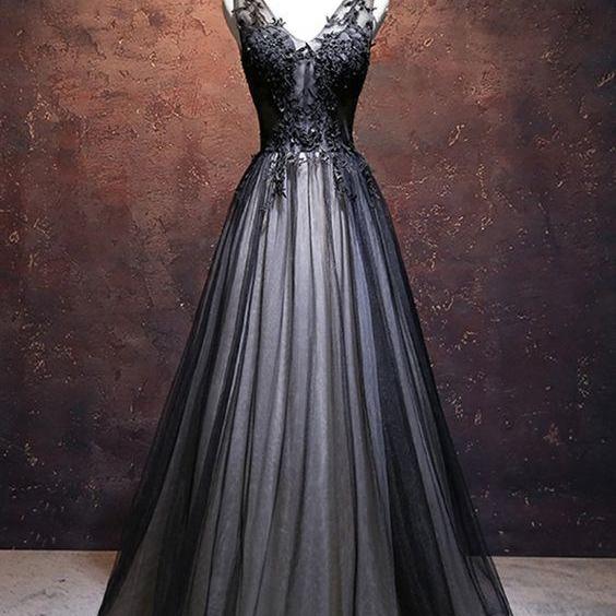 Unique Black Tulle V Neck Long A Line Handmade Senior Prom Dresses M307 On Luulla 1981