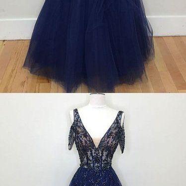 Dark Blue Tulle V Neck Lace Evening Dress, Beaded Prom Dress m696