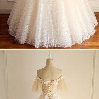 Light Champagne Tulle lace Short Sleeve Strapless Long Formal Prom Dress, Wedding Dress m698