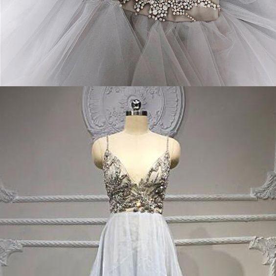 Unique Ivory Tulle Open Back Long Crystal Beaded Wedding Gown, Prom Dress m706