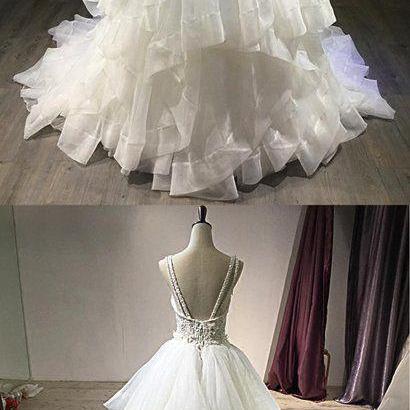 White Lace Open Back Long Pageant Prom Dress, Lace Layered Wedding Dress m707