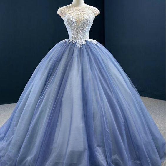 Blue Ball Gown Tulle Cap Seeve Beading Long Prom Dress m708