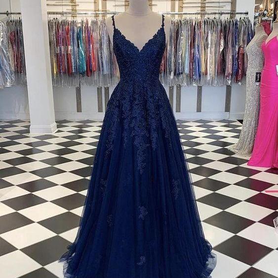 Sleek A-Line Plunging V-Neck Halter-Back Navy Blue Ruched Floor-Length Prom Dresses main image 1